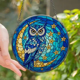 Celestial Dreamers' Intricate Stained Glass Owl Moon Mosaic Night Sky Blue Teal Golden Amber Jewel Tones Stained Glass Suncatcher