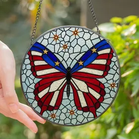 Stained Glass Art Lovers' Majestic Butterfly Tiffany Red Blue White Gold Starry Striped Celestial Mosaic Stained Glass Suncatcher