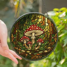 Cottagecore Enthusiasts' Vibrant Tiffany Stained Glass Mushroom Red Green Forest Mosaic Edge-to-Edge Stained Glass Suncatcher