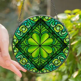 Nature Inspired Art Lovers' Glowing Green Tiffany Stained Glass Four-Leaf Clover Botanical Mosaic Stained Glass Suncatcher