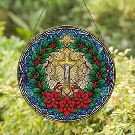 Faithful Art Admirers' Golden Crucifix Tiffany Stained Glass Holly Poinsettia Jewel Tone Mosaic Stained Glass Suncatcher