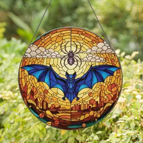 Fantasy Art Lovers' Intricate Glowing Stained Glass Blue Bat Spider Tiffany Mosaic Stained Glass Suncatcher