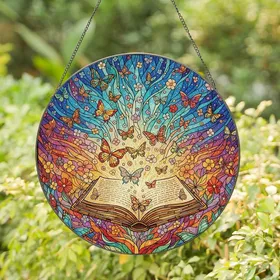 Fantasy Art Enthusiasts' Tiffany Style Magical Book Butterflies Aurora Vibrant Jewel Tones Stained Glass Suncatcher