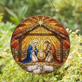 Holiday Art Collectors' Jewel Tone Stained Glass Nativity Mary Joseph Jesus Radiant Star Amber Blue Gold Mosaic Stained Glass Suncatcher