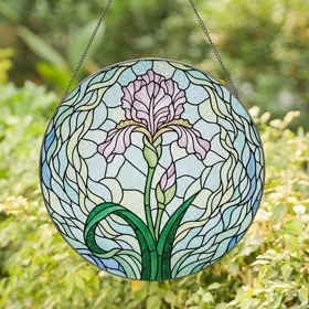 Art Lovers' Tiffany Stained Glass Iris Flower Ethereal Swirls Jewel Tones Pink Lavender Green Stained Glass Suncatcher