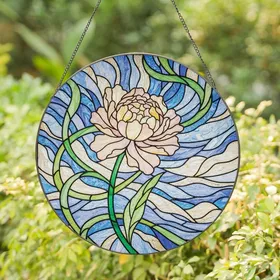 Women's Elegant Stained Glass Peony Mosaic Iridescent Jewel Tones Blush Pink Cream Green Stained Glass Suncatcher