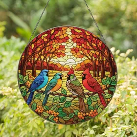 Nature Lovers' Tiffany Style Stained Glass Songbirds Autumn Jewel Tone Mosaic Stained Glass Suncatcher
