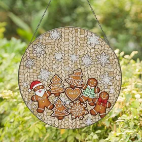 Holiday Enthusiasts' Cheerful Stained Glass Gingerbread Cookie Mosaic, Red & Gold Tiffany Style Knit Background Stained Glass Suncatcher