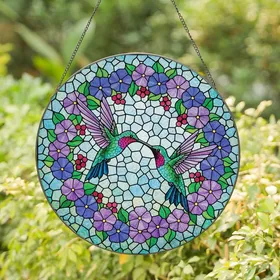 Nature Lovers' Vibrant Tiffany Stained Glass Hummingbirds Purple Blue Green Floral Mosaic Stained Glass Suncatcher