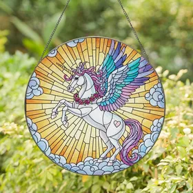 Fantasy Lovers' Tiffany Style Stained Glass Alicorn Celestial Mosaic Iridescent Jewel Tone Stained Glass Suncatcher