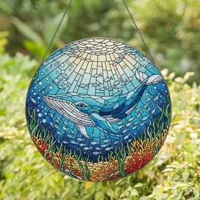 Ocean Lovers' Majestic Whale Tiffany Stained Glass Aqua Teal Ocean Depths Mosaic Art Stained Glass Suncatcher