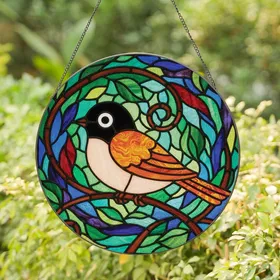 Nature Lovers' Tiffany Stained Glass Plump Orange Winged Bird Black Head Peach Belly Mosaic Art Stained Glass Suncatcher