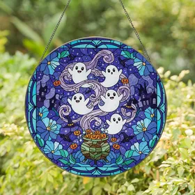 Whimsical Spooky Art Fans' Intricate Tiffany Stained Glass Ghosts Cauldron Flowers Indigo Night Sky Mosaic Stained Glass Suncatcher