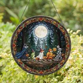 Halloween Enthusiasts' Tiffany Style Stained Glass Forest Animal Procession Moonlit Spooky Jewel Tones Stained Glass Suncatcher