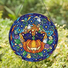 Cat Lovers' Glowing Stained Glass Black Cats Pumpkin Cosmic Jewel Tone Mosaic Stained Glass Suncatcher