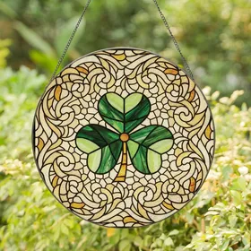 Art Nouveau Fans' Emerald Shamrock Tiffany Stained Glass Intricate Organic Floral Mosaic Pattern Stained Glass Suncatcher
