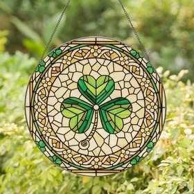 Intricate Art Lovers Vibrant Emerald Green Three-Leaf Shamrock Tiffany-Style Stained Glass Mosaic with Amber, Cream Tones & Floral Details Stained Glass Suncatcher