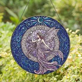 Women's Tiffany Stained Glass Ethereal Fairy Ornate Floral Jewel Tone Moon Design Stained Glass Suncatcher