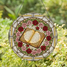 Literary Enthusiasts' Tiffany Stained Glass Open Book Rose Wreath Geometric Mosaic Stained Glass Suncatcher