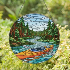 Outdoor Enthusiasts' Vibrant Tiffany Stained Glass Kayak Art, Azure Orange Jewel Tone Nature Mosaic Stained Glass Suncatcher
