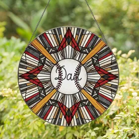 Baseball Dads' Intricate Stained Glass Baseball 'Dad' Radial Amber Red Geometric Art Stained Glass Suncatcher