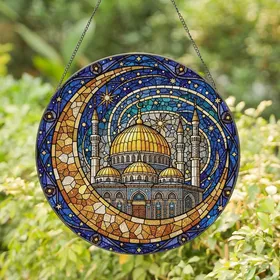Art Lovers' Majestic Stained Glass Golden Dome Mosque Crescent Celestial Starry Night Pattern Stained Glass Suncatcher
