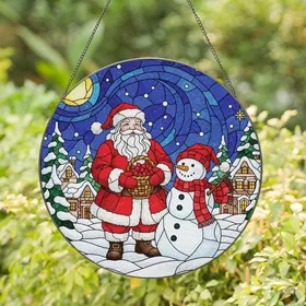 Holiday Decor Lovers' Edge-to-Edge Stained Glass Santa Snowman Snowy Village, Red Blue Yellow Amber Jewel Tones Stained Glass Suncatcher