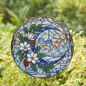 Nature Art Lovers' Intricate Tiffany Style Stained Glass Winter Moon Frosted Evergreen Design Stained Glass Suncatcher