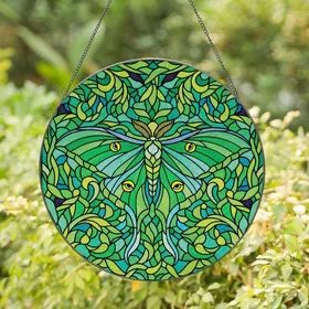 Nature Lovers' Luna Moth Tiffany Stained Glass Green Teal Yellow Foliage Mosaic Art Stained Glass Suncatcher