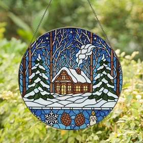 Cozy Winter Enthusiasts' Detailed Stained Glass Snowy Cabin Amber Icy Blue Jewel Tone Mosaic Stained Glass Suncatcher