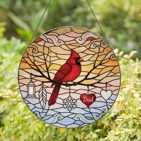 Nature Lovers Glowing Red Cardinal Stained Glass Mosaic Winter Sky Art with Dad Heart Charm Stained Glass Suncatcher
