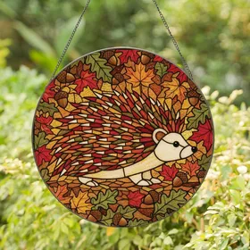 Nature Lovers' Vibrant Stained Glass Hedgehog Autumnal Jewel Tone Forest Mosaic Stained Glass Suncatcher