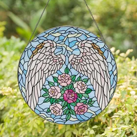 Women's Tiffany Stained Glass Angel Wings Golden Trim, Pink Fuchsia Roses, Emerald Leaves, Ethereal Sky Mosaic Stained Glass Suncatcher