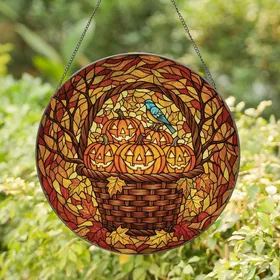 Autumn Enthusiasts' Tiffany Stained Glass Jack-o'-lantern Basket with Teal Bird & Vibrant Fall Leaves Mosaic Stained Glass Suncatcher