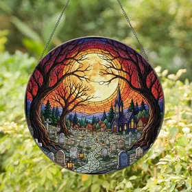 Art Lovers' Dramatic Tiffany Stained Glass Graveyard Full Moon Gothic Church Twilight Scene Stained Glass Suncatcher