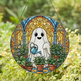 Whimsical Gardeners' Vibrant Jewel Tone Tiffany Stained Glass Ghost Watering Plants Greenhouse Mosaic Stained Glass Suncatcher