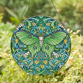 Nature Lovers' Tiffany Stained Glass Luna Moth Chartreuse Green Wings Emerald Aqua Mosaic Stained Glass Suncatcher