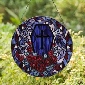 Gothic Style Enthusiasts' Stained Glass Coffin Motif Rose Jewel Tone Abstract Mosaic Stained Glass Suncatcher