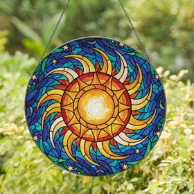 Stained Glass Enthusiasts' Vibrant Sun Mosaic Edge-to-Edge Swirling Orange Golden Yellow Rays Stained Glass Suncatcher