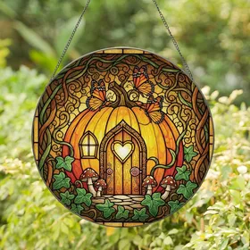 Enchanted Forest Fans' Tiffany-Style Pumpkin House, Monarch Butterflies & Vine Mosaic Art Stained Glass Suncatcher