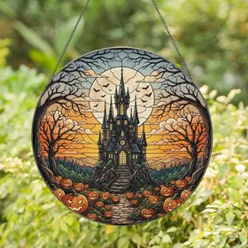 Halloween Enthusiasts' Vibrant Stained Glass Gothic Castle Fiery Orange Sunset Jack-o'-Lanterns & Bats Stained Glass Suncatcher