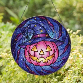 Fantasy Art Lovers' Smiling Tiffany Stained Glass Jack-o'-Lantern Pink Purple Cosmic Galaxy Design Stained Glass Suncatcher