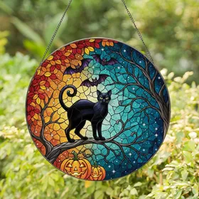Autumn Art Lovers Tiffany Style Black Cat Teal Orange Autumn Night Sky Stained Glass Suncatcher