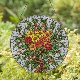 Nature Lovers' Tiffany Stained Glass Floral Mosaic Yellow Orange Green Jewel Tone Botanical Art Stained Glass Suncatcher