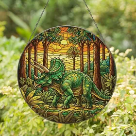 Dinosaur Lovers' Majestic Stained Glass Triceratops Prehistoric Jungle Emerald Golden Amber Tiffany Art Stained Glass Suncatcher