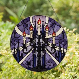 Gothic Art Enthusiasts' Tiffany Stained Glass Candelabra Spiderweb Deep Purple Red Amber Mystic Art Stained Glass Suncatcher
