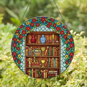 Book Lovers' Tiffany Style Jewel Tone Bookshelf Art with Vibrant Floral Garland & Books Stained Glass Suncatcher