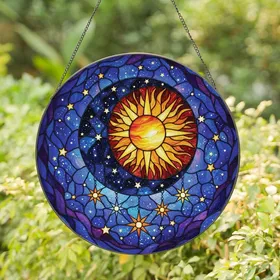Celestial Art Lovers' Tiffany Stained Glass Sun Moon Stars Jewel Tone Cosmic Pattern Stained Glass Suncatcher
