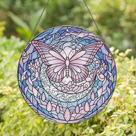 Women's Intricate Tiffany Stained Glass Butterfly Crescent Moon Celestial Pink Lavender Art Stained Glass Suncatcher