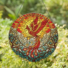 Mythology Lovers' Tiffany Style Stained Glass Phoenix Fiery Jewel Tone Sunburst Mosaic with Intricate Lead Lines Stained Glass Suncatcher